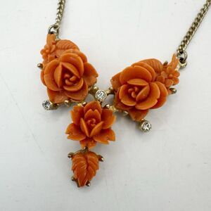 Vintage Coro Coral Celluloid Molded Roses Pendant Necklace Signed